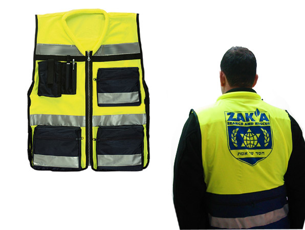 ווסטים, אפודים זוהרים לבטיחות, אפוד זוהר עם כיסים והדפס לוגו.