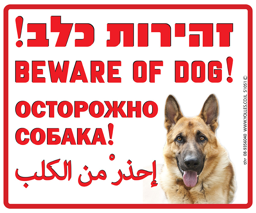 שלט זהירות כלב בעברית רוסית ערבית ואנגלית 25/30 ס''מ. S1051 