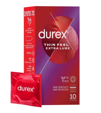 10 קונדומים דורקס דקים עם חומר סיכה Thin Feel Extra Lube