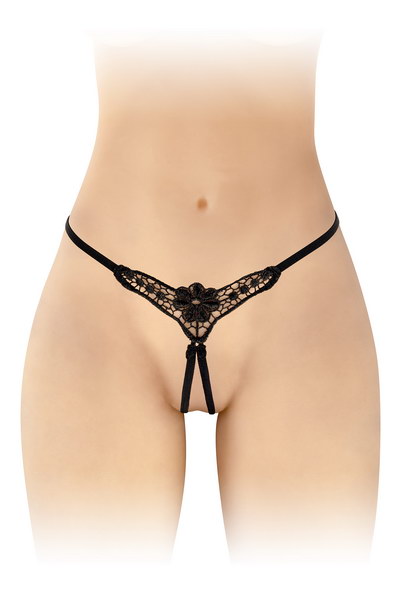 חוטיני שחור סקסי עם פתח תחתון ודוגמת פרח