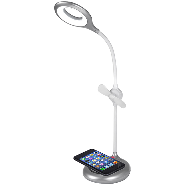 מנורת שולחן  עם תאורת לד מאורר, ומטען אלחוטי בבסיס