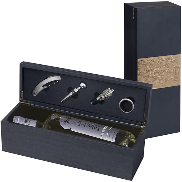 מארז עץ לבקבוק יין עם לוחית ואביזרים ליין דגם לוחית